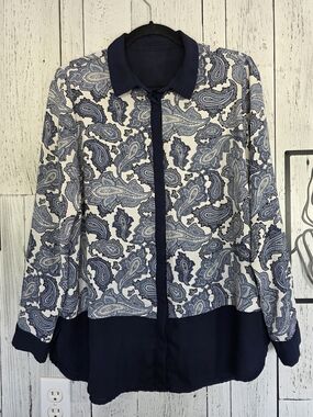 Alfred Sung Navy Paisley Button-Up Blouse – Estimated L/XL Office Work Business